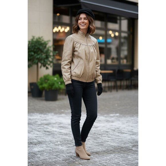 Tibor Vintage Beige Leather Bomber Car Coat Full Zip Pockets Vintage Y2K Size 14 - Picture 1 of 5